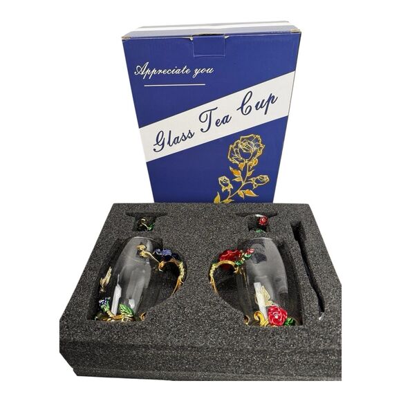 Two Butterfly Glass Tea Cups With Lid And Spoon Red & Blue Roses New In Box - Picture 2 of 11